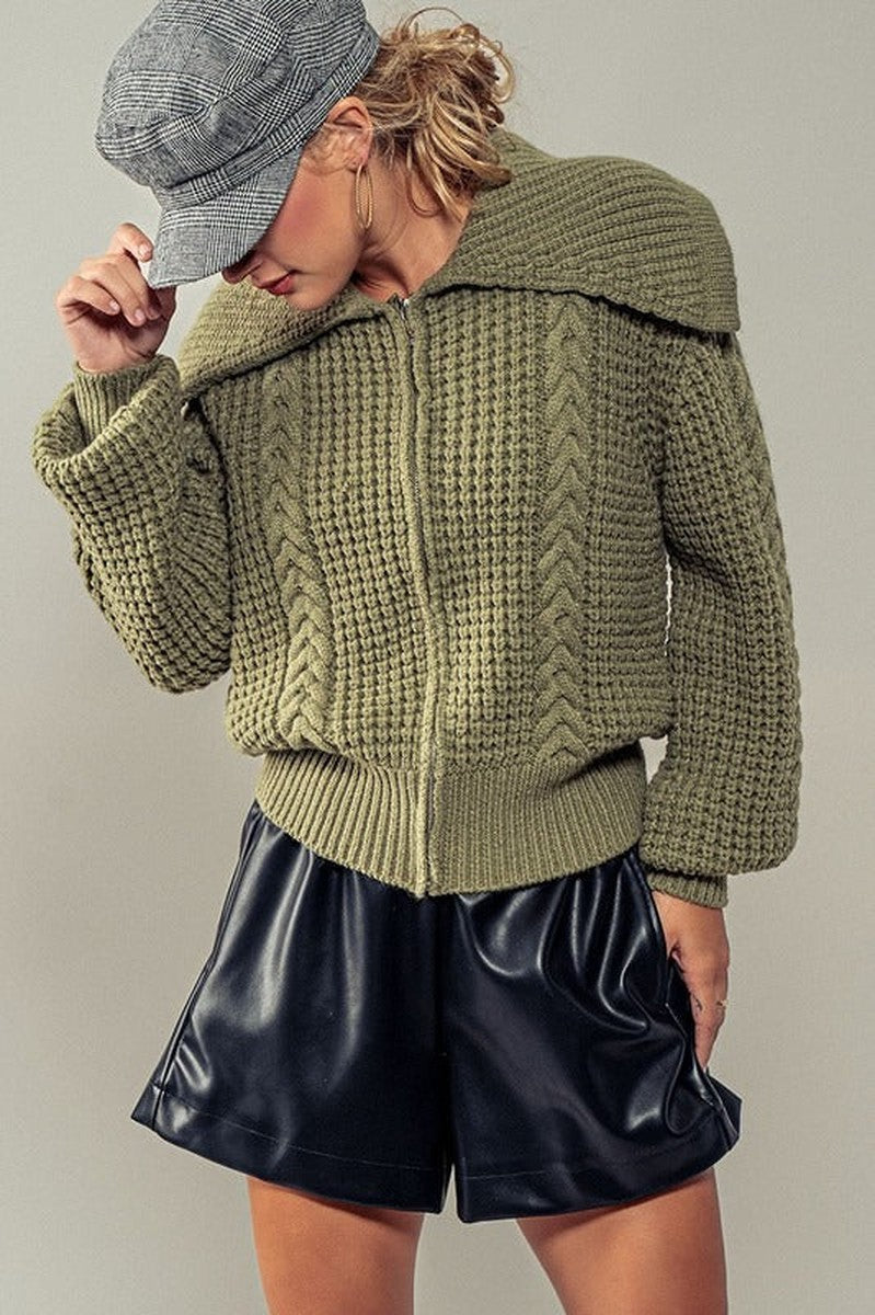 Urban Daizy - Nautical Knit Zip Up Sweater in Olive