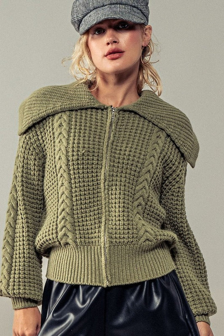 Urban Daizy - Nautical Knit Zip Up Sweater in Olive