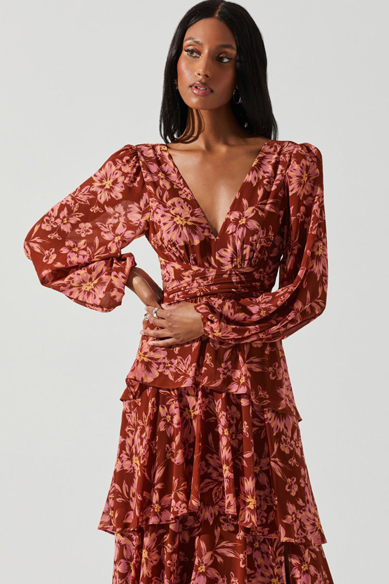 Astr - Anora Floral Tiered Maxi Dress in Rust Floral