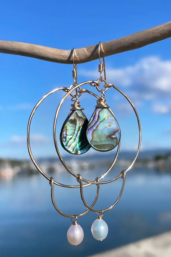 Quinn Sharp - Abalone Hoop Freshwater Pearl Drop Earrings in Gold