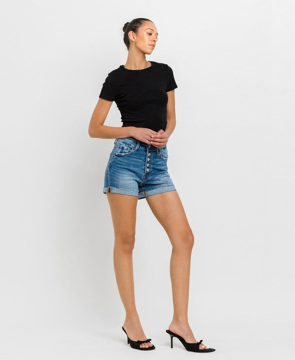 VERVET by Flying Monkey - Super High Rise Button Up Mom Shorts in Kensington