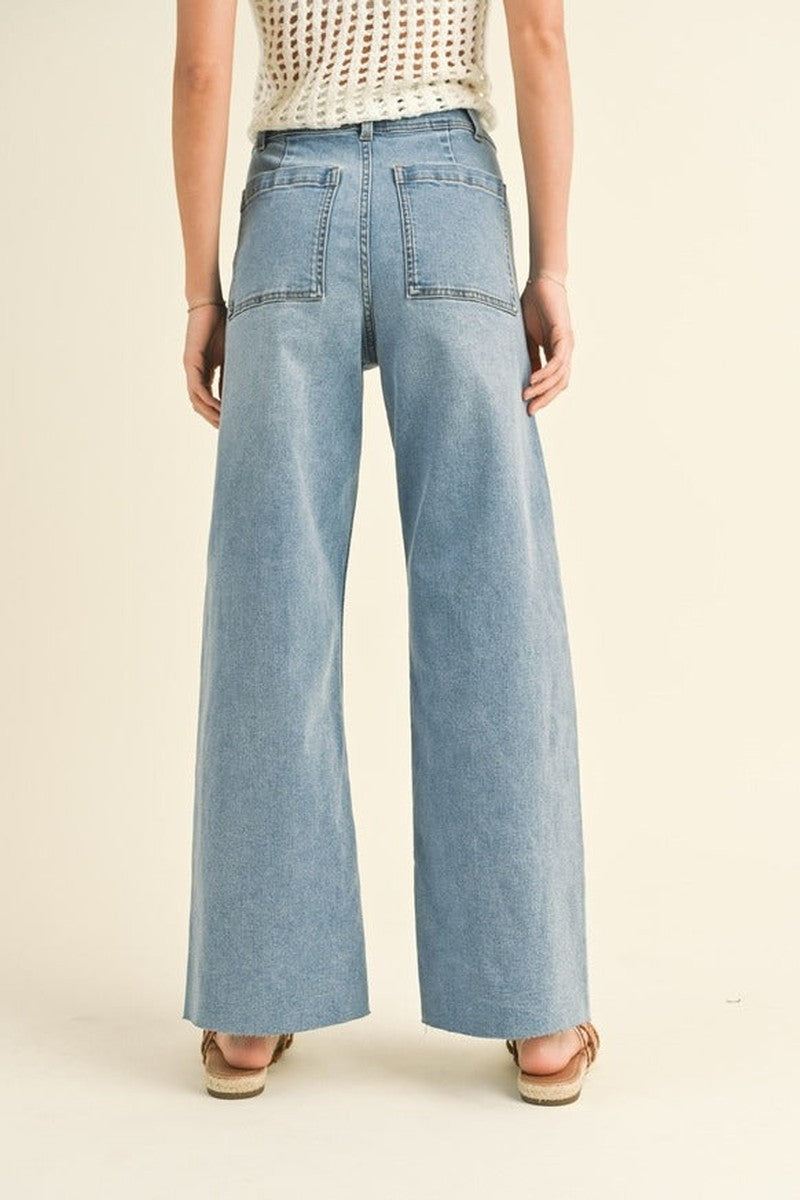 Miou Muse - Strait Wide Leg Denim Pants in Denim