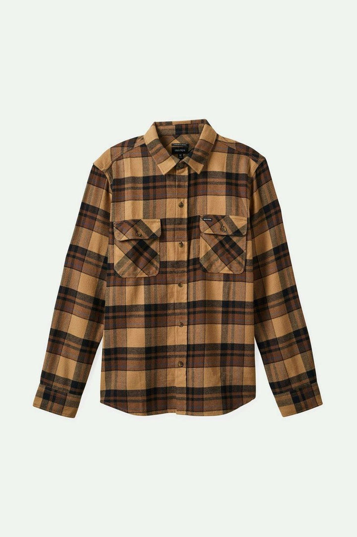 Brixton - Bowery Long Sleeve Flannel in Tigerʼs Eye/Pinecone Brown/Washed Black