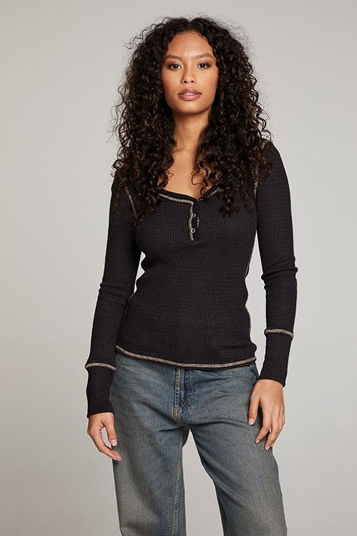 Chaser - Long Sleeve Henley in Licorice