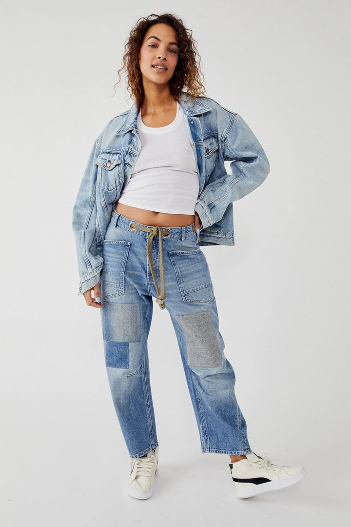 Free People - Moxie Low Slung Pull On Barrel Jeans in Truest Blue