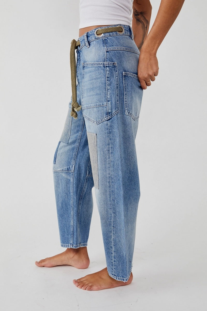 Free People - Moxie Low Slung Pull On Barrel Jeans in Truest Blue