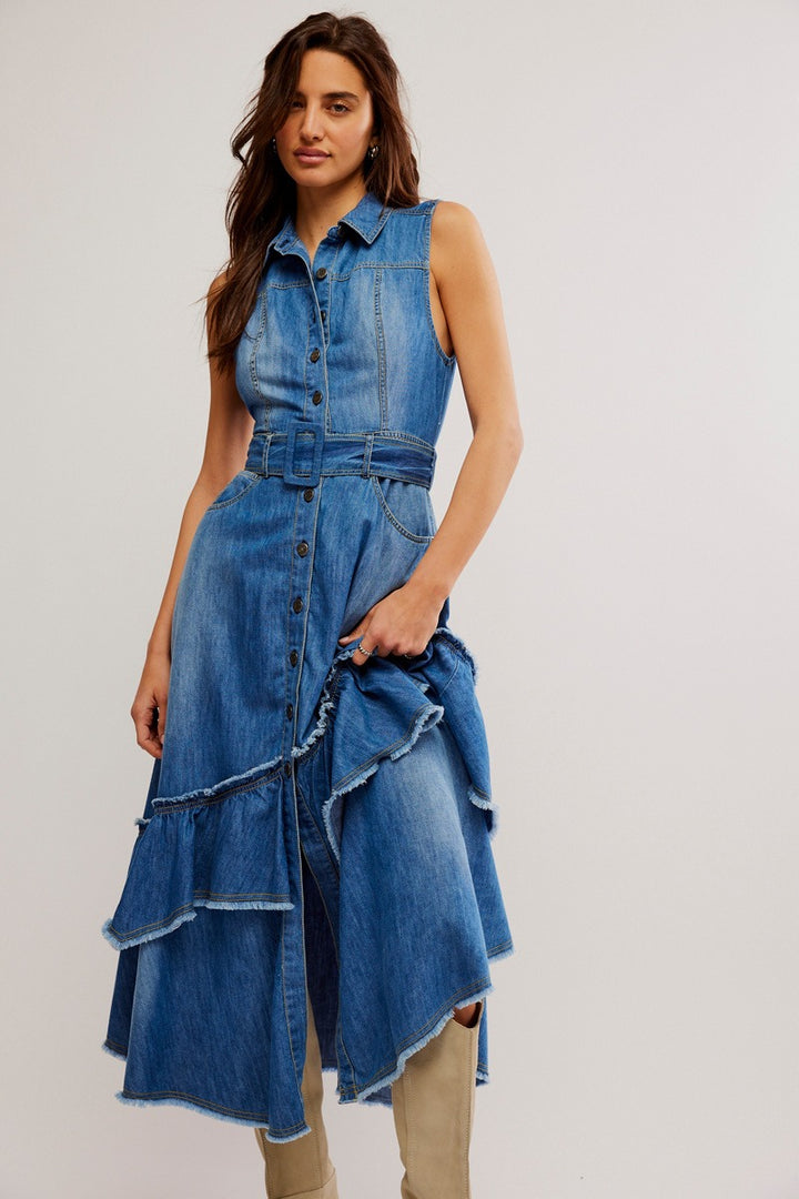 Free People - Beau Midi Dress in Blue Grass