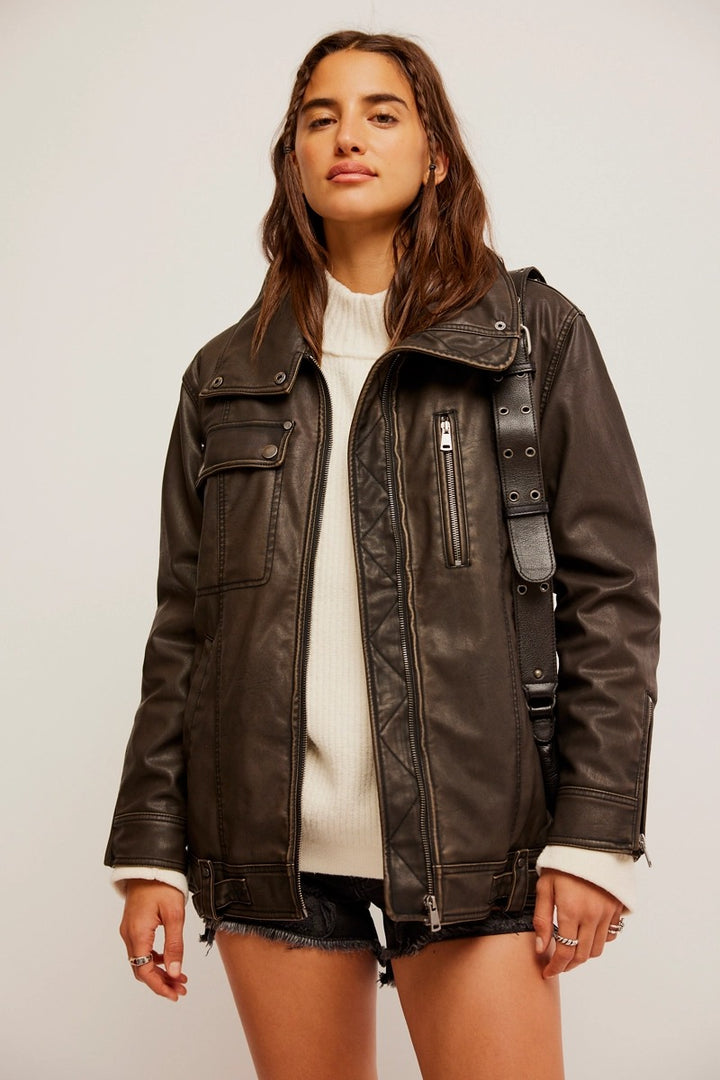 Free People - We The Free Buckle Up Vegan Leather Jacket in Black Combo