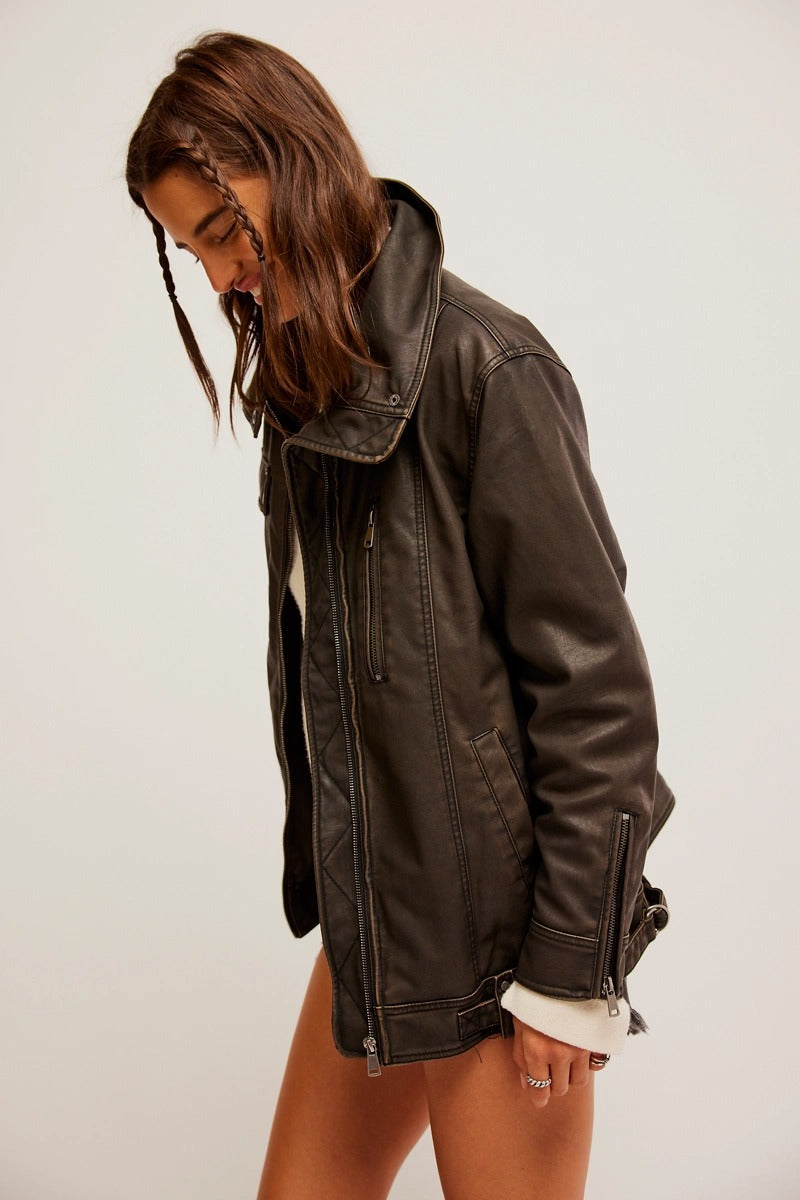 Free People - We The Free Buckle Up Vegan Leather Jacket in Black Combo