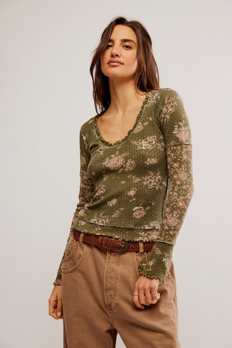 Free People - We The Free Clover Printed Thermal in Army Combo