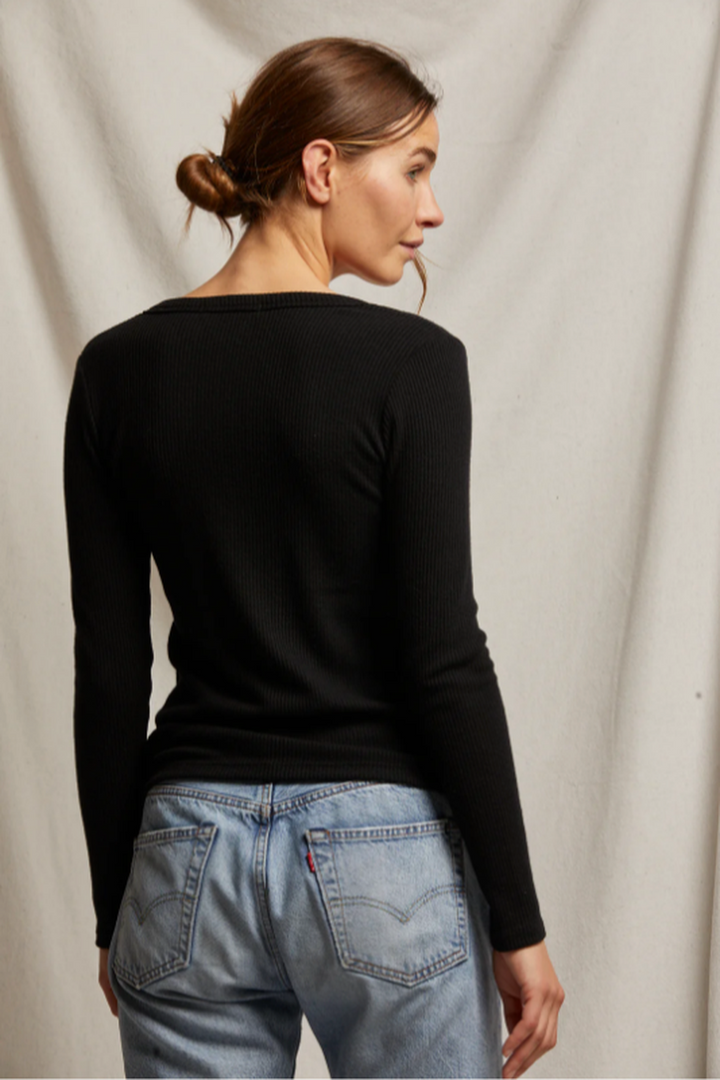 Perfectwhitetee - Evangeline Sweater Rib V Neck Long Sleeve Top in True Black