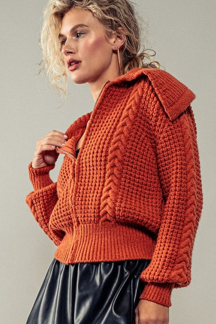 Urban Daizy - Nautical Knit Zip Up Sweater in Rust