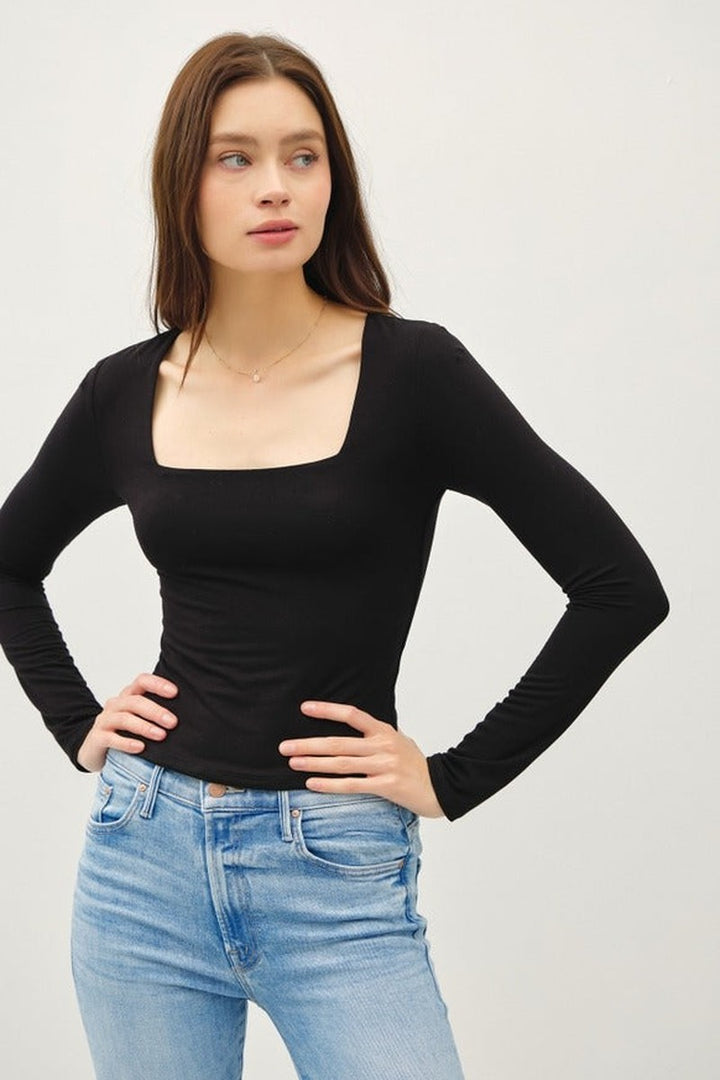 Be Cool - Basic Square Neck Long Sleeve Top in Black