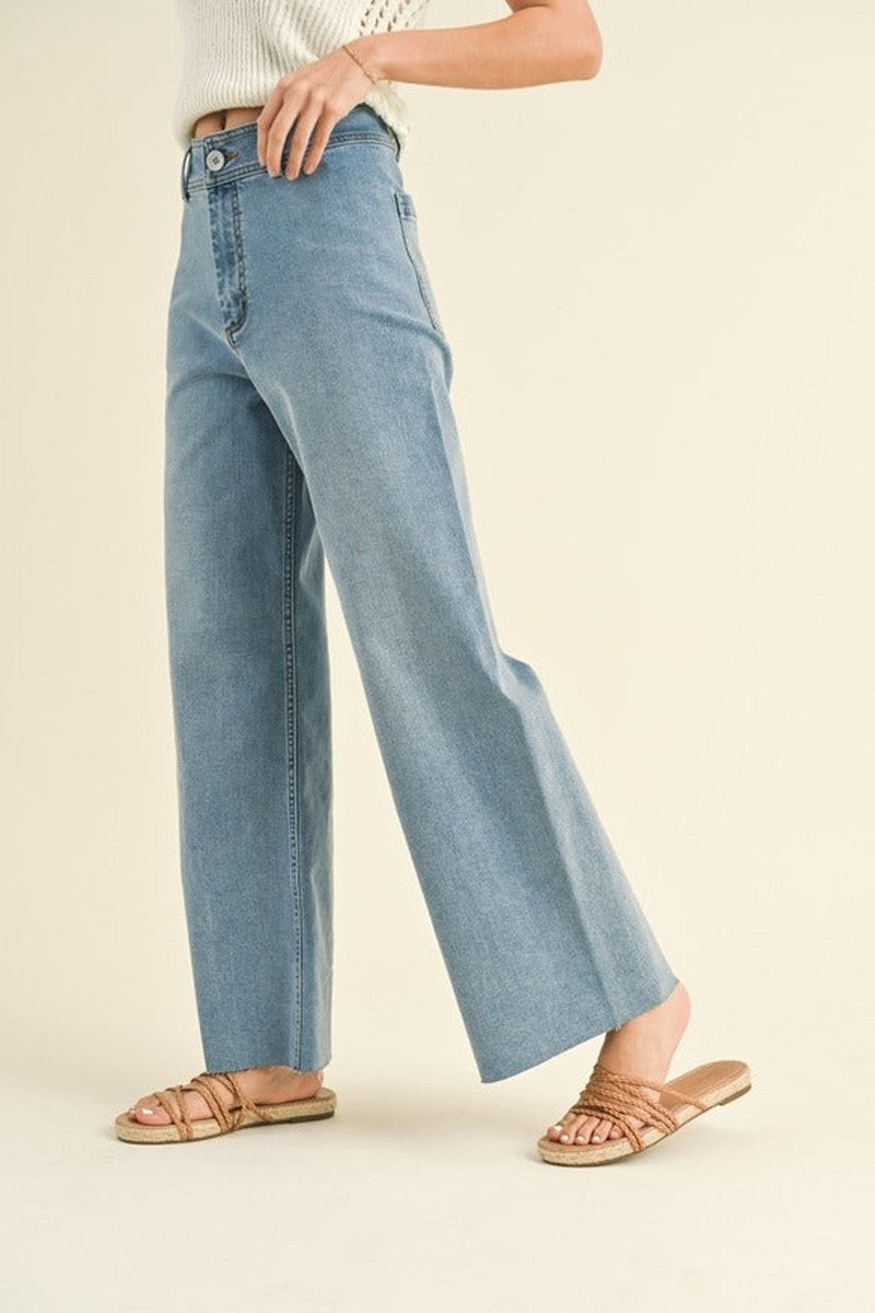 Miou Muse - Strait Wide Leg Denim Pants in Denim