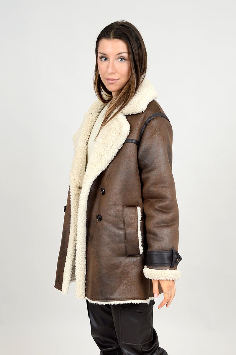 Second Skin by RD Style - Nila Double Breasted Coat in CBC351 Brown / Cream