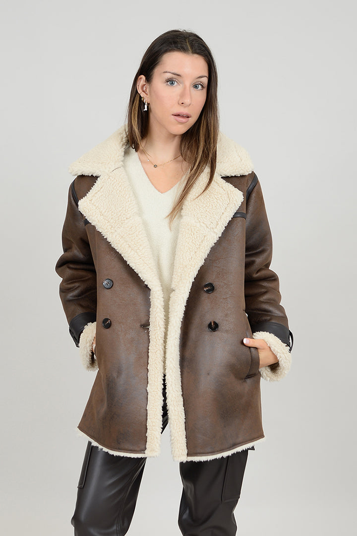 Second Skin by RD Style - Nila Double Breasted Coat in CBC351 Brown / Cream