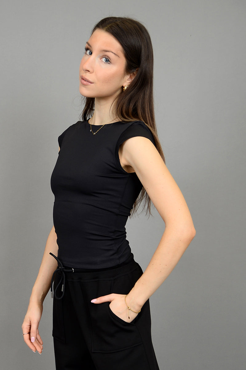 Second Skin by RD Style - Brida Cap Sleeve Boat-Neck Top in Black