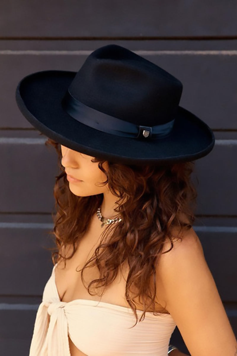 Brixton - Victoria Felt Fedora in Black/Black Satin